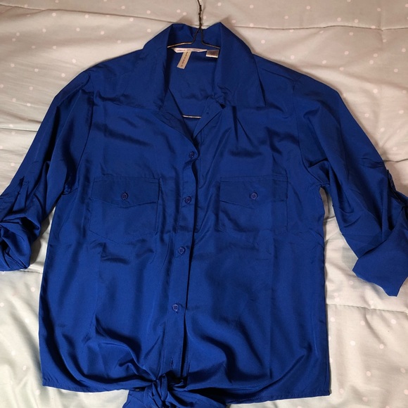 Royal Blue Blouse Button Up/ Roll up Sleeves - Picture 3 of 4